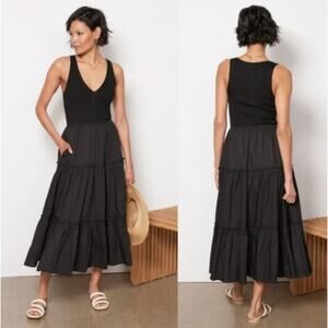 Evereve Sz S Araya Mixed Media Midi Dress Black Pocket Tiered Ribbed Knit Cotton